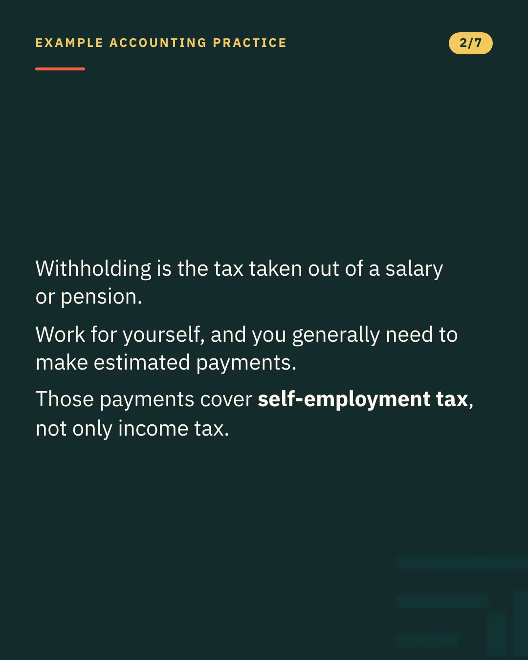 Slide 2 of 7. Card reading: Withholding is the tax taken out of a salary or pension. Work for yourself, and you generally need to make estimated payments. Those payments cover self-employment tax, not only income tax. Typographic card, no photograph.
