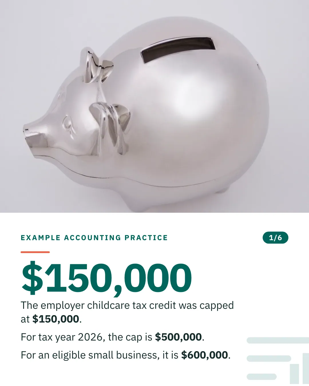 Slide 1 of 6. Card reading: The employer childcare tax credit was capped at $150,000. For tax year 2026, the cap is $500,000. For an eligible small business, it is $600,000. Above the words, a photograph: A polished silver piggy bank on a plain pale background. (CC0).