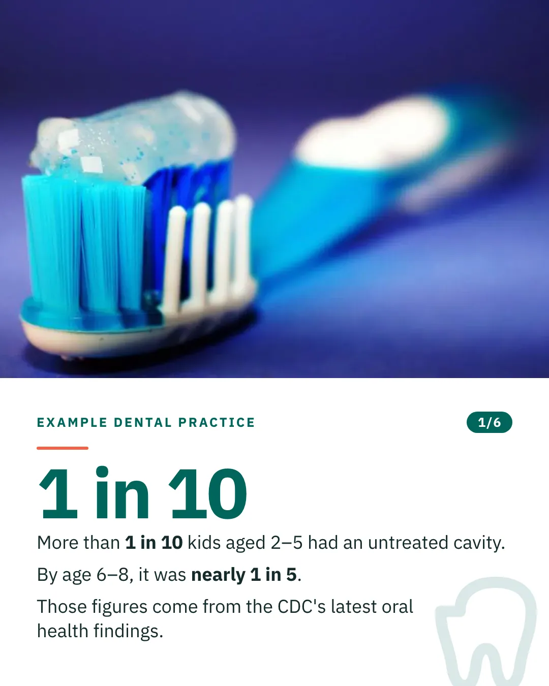 Slide 1 of 6. Card reading: More than 1 in 10 kids aged 2–5 had an untreated cavity. By age 6–8, it was nearly 1 in 5. Those figures come from the CDC's latest oral health findings. Above the words, a photograph: A toothbrush head carrying a ribbon of gel toothpaste, on a deep blue background. (CC0).