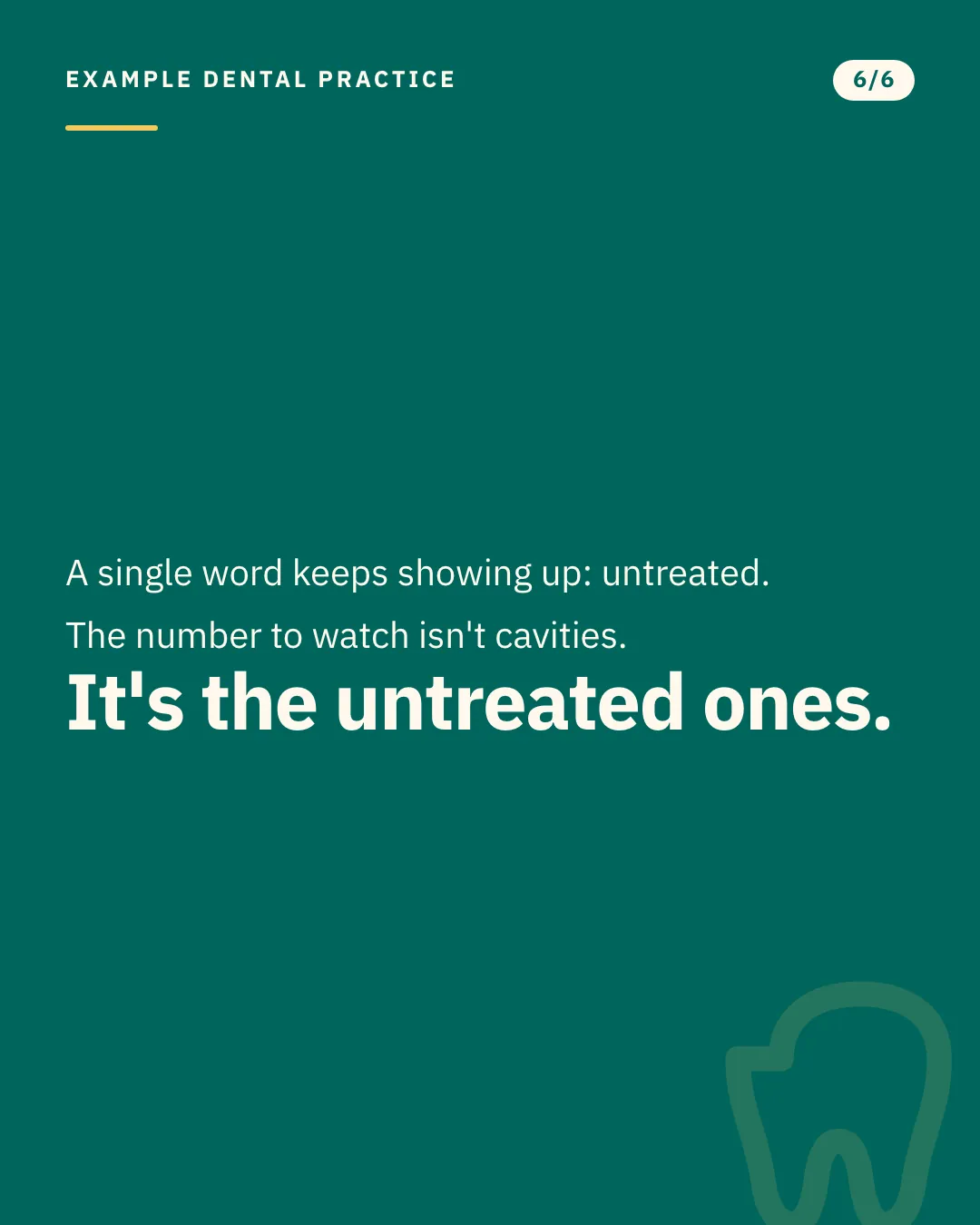 Slide 6 of 6. Card reading: A single word keeps showing up: untreated. The number to watch isn't cavities. It's the untreated ones. Typographic card, no photograph.