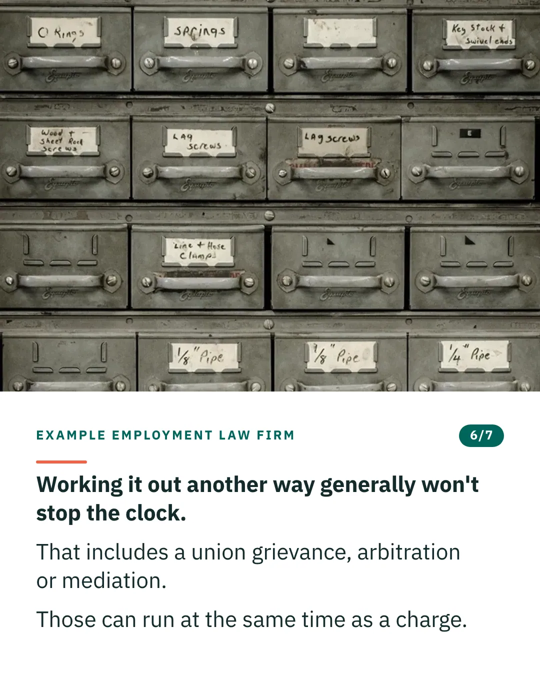 Slide 6 of 7. Card reading: Working it out another way generally won't stop the clock. That includes a union grievance, arbitration or mediation. Those can run at the same time as a charge. Above the words, a photograph: A bank of grey metal parts drawers with handwritten labels naming their contents. (CC0).