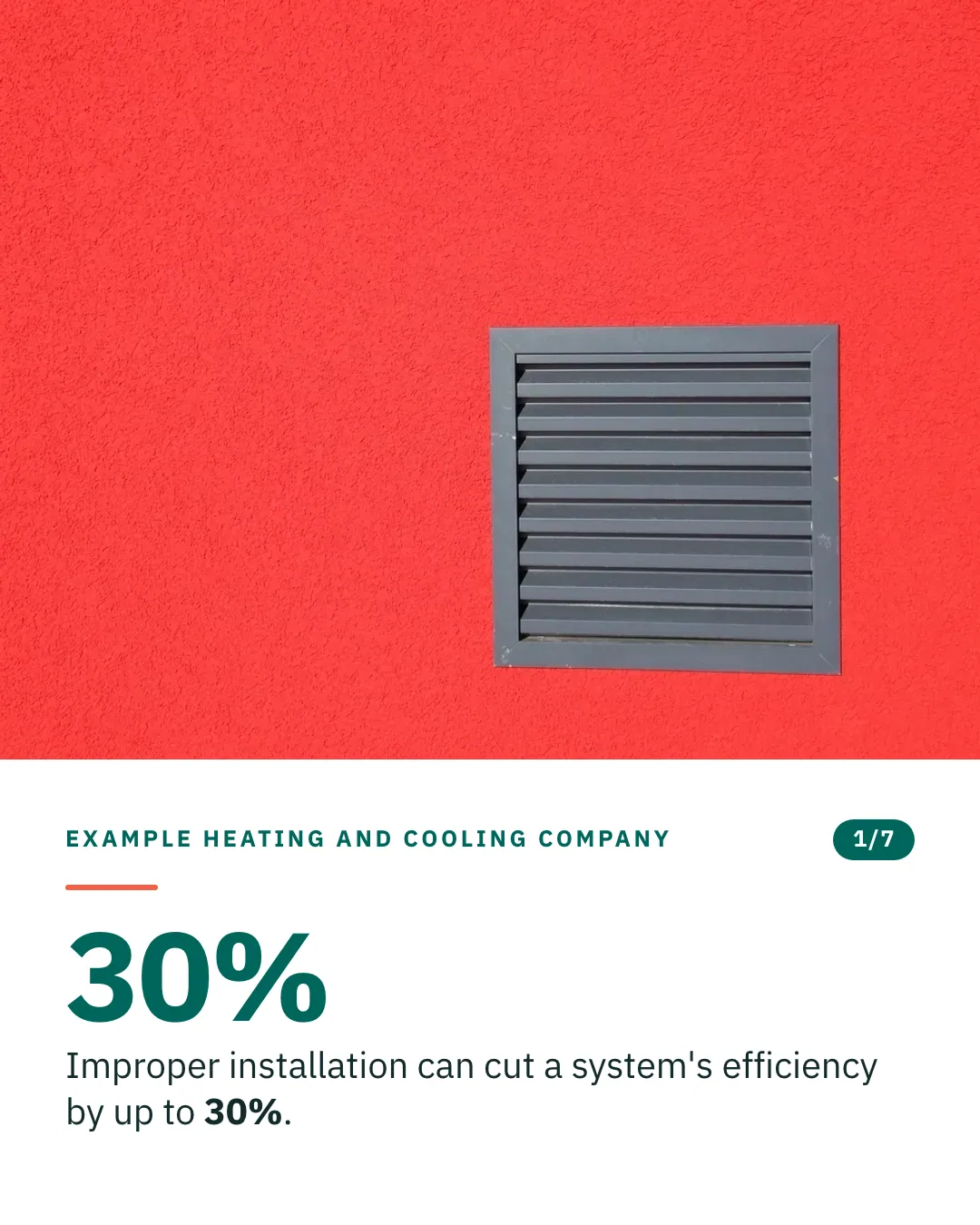 Slide 1 of 7. Card reading: Improper installation can cut a system's efficiency by up to 30%. Above the words, a photograph: A grey louvred ventilation grille set into a bright red rendered wall. (CC0).