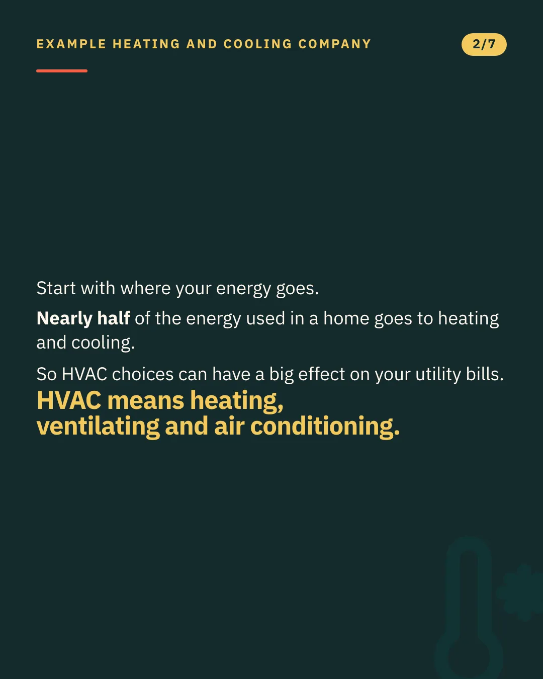 Slide 2 of 7. Card reading: Start with where your energy goes. Nearly half of the energy used in a home goes to heating and cooling. So HVAC choices can have a big effect on your utility bills. HVAC means heating, ventilating and air conditioning. Typographic card, no photograph.