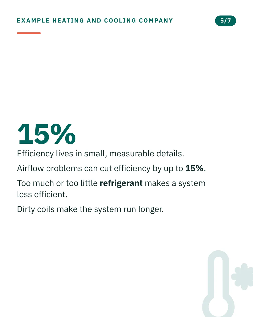 Slide 5 of 7. Card reading: Efficiency lives in small, measurable details. Airflow problems can cut efficiency by up to 15%. Too much or too little refrigerant makes a system less efficient. Dirty coils make the system run longer. Typographic card, no photograph.
