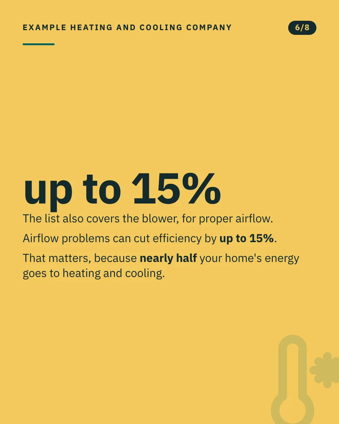 Slide 6 of 8. Card reading: The list also covers the blower, for proper airflow. Airflow problems can cut efficiency by up to 15%. That matters, because nearly half your home's energy goes to heating and cooling. Typographic card, no photograph.
