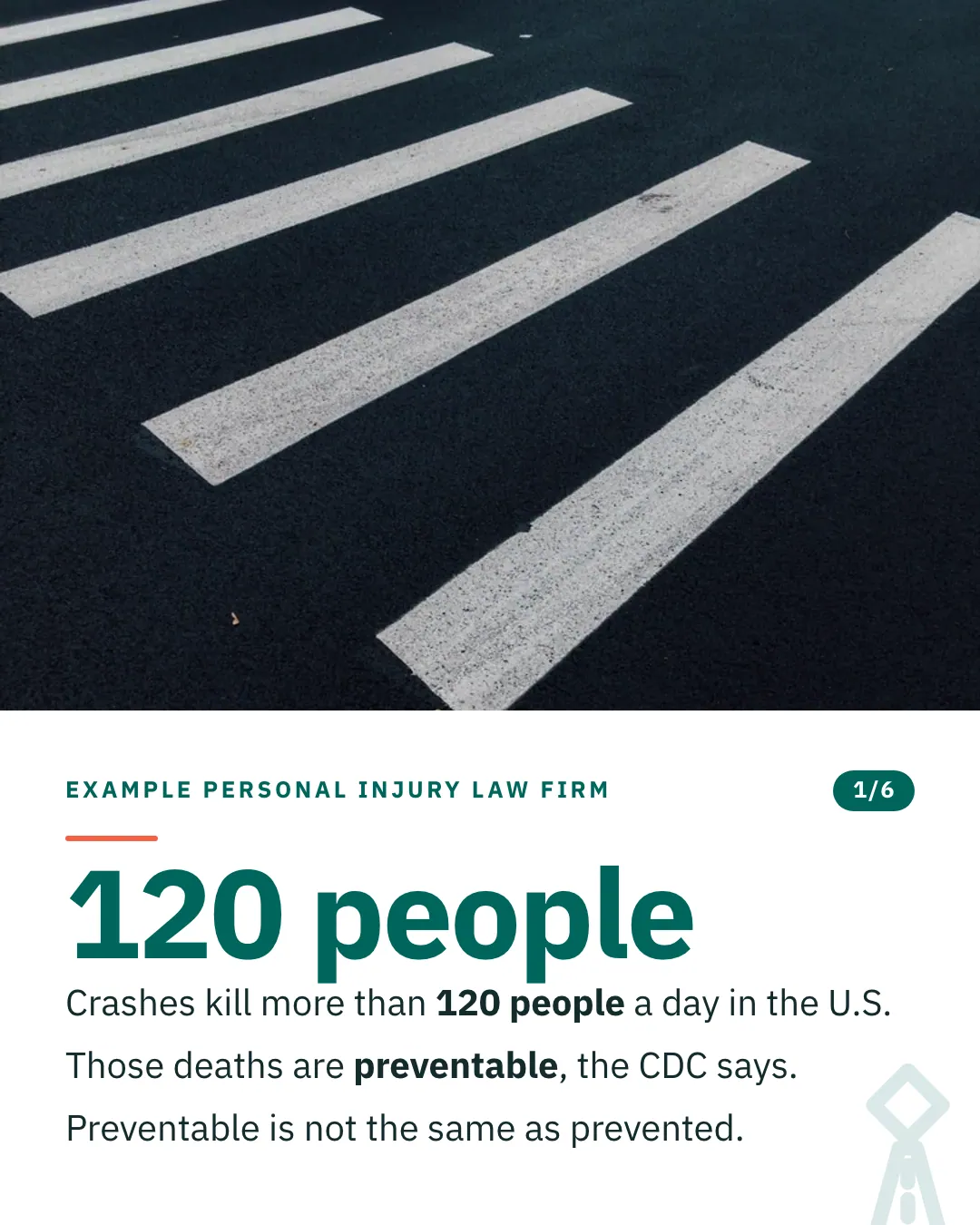 Slide 1 of 6. Card reading: Crashes kill more than 120 people a day in the U.S. Those deaths are preventable, the CDC says. Preventable is not the same as prevented. Above the words, a photograph: A pedestrian crossing painted in broad white bars on dark asphalt. (CC0).
