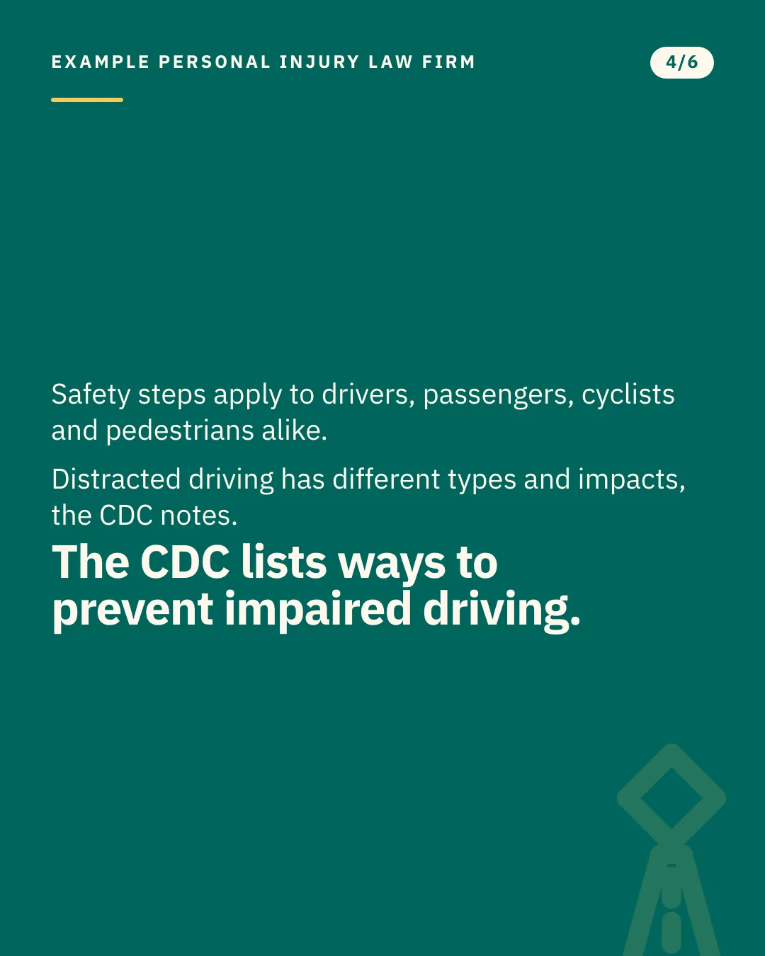 Slide 4 of 6. Card reading: Safety steps apply to drivers, passengers, cyclists and pedestrians alike. Distracted driving has different types and impacts, the CDC notes. The CDC lists ways to prevent impaired driving. Typographic card, no photograph.
