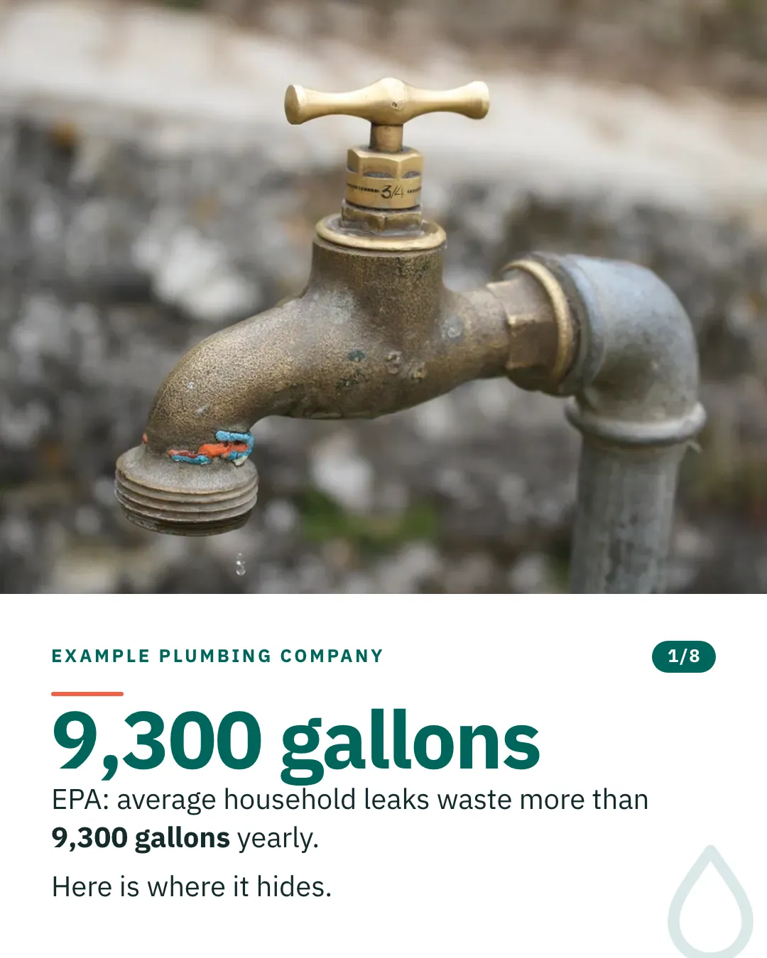 Slide 1 of 8. Card reading: EPA: average household leaks waste more than 9,300 gallons yearly. Here is where it hides. Above the words, a photograph: A weathered brass garden tap on a galvanised pipe, a drop falling from the outlet. (CC0).