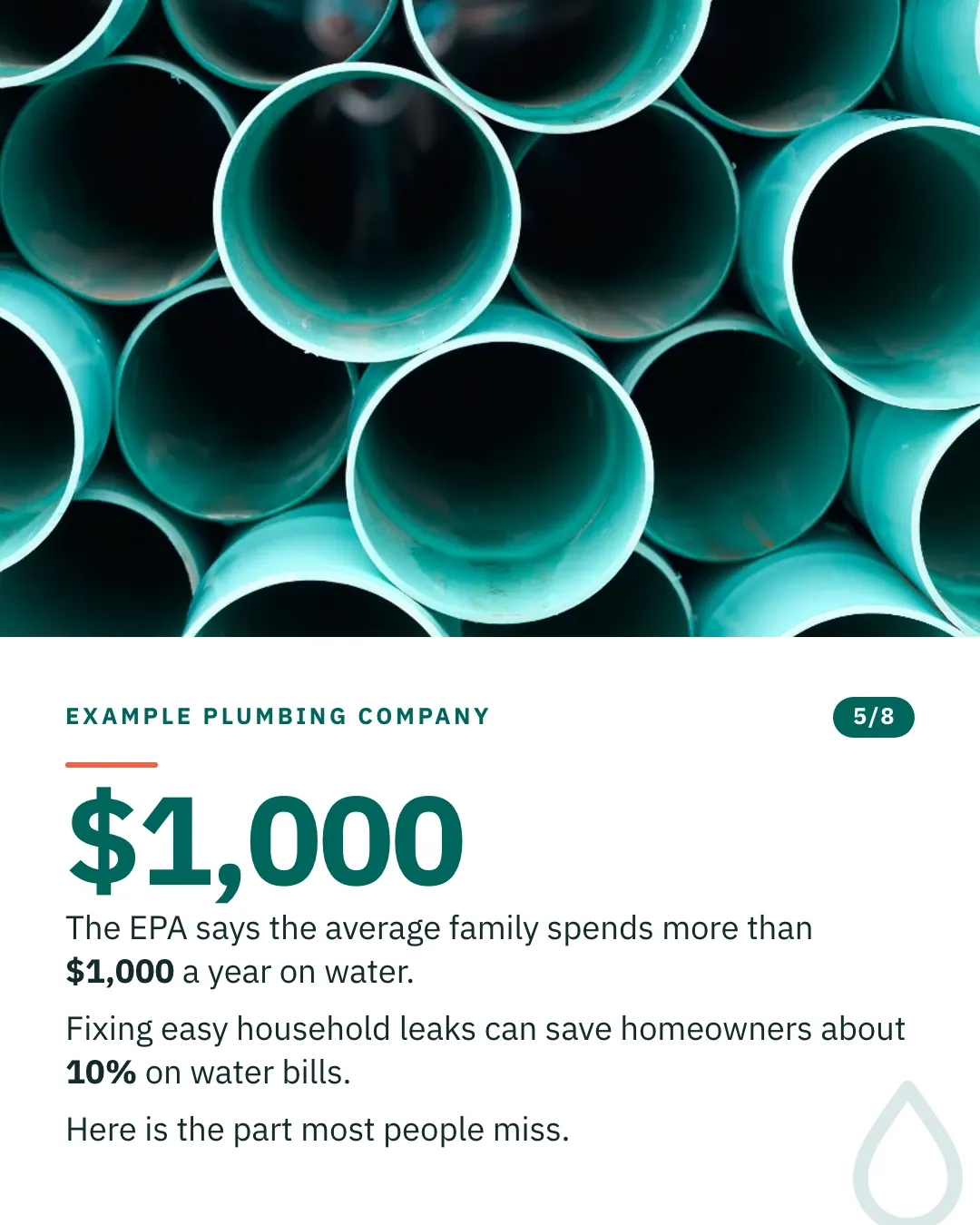 Slide 5 of 8. Card reading: The EPA says the average family spends more than $1,000 a year on water. Fixing easy household leaks can save homeowners about 10% on water bills. Here is the part most people miss. Above the words, a photograph: A stack of turquoise PVC pipes seen end-on, filling the frame. (CC0).