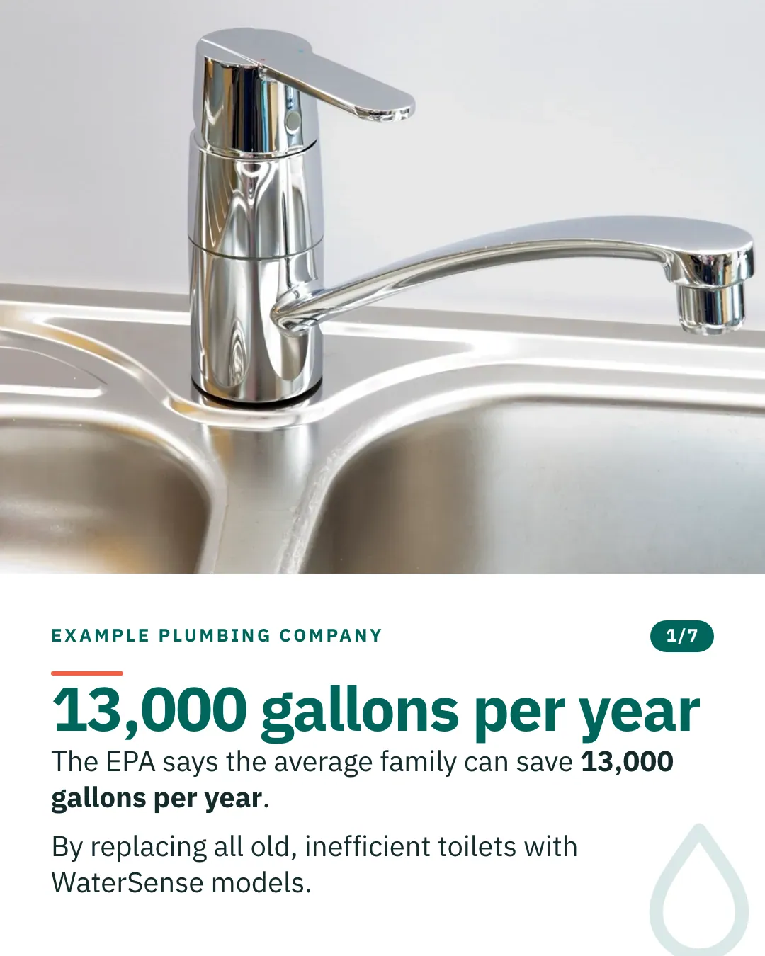 Slide 1 of 7. Card reading: The EPA says the average family can save 13,000 gallons per year. By replacing all old, inefficient toilets with WaterSense models. Above the words, a photograph: A chrome single-lever mixer tap on a brushed stainless steel double sink. (CC0).