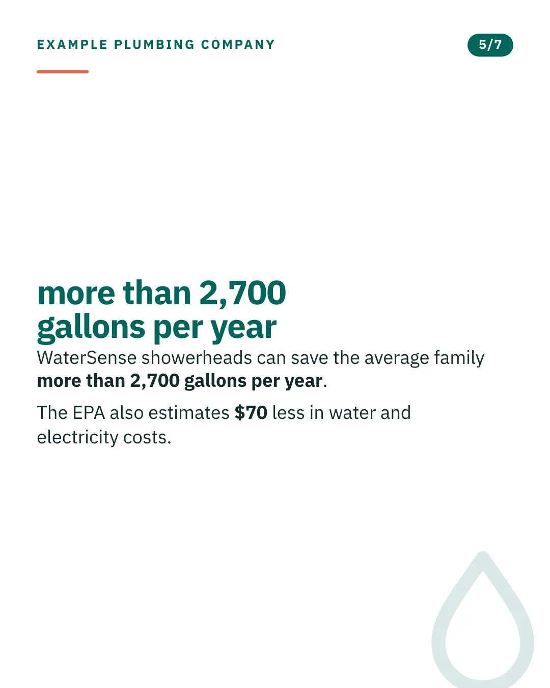 Slide 5 of 7. Card reading: WaterSense showerheads can save the average family more than 2,700 gallons per year. The EPA also estimates $70 less in water and electricity costs. Typographic card, no photograph.