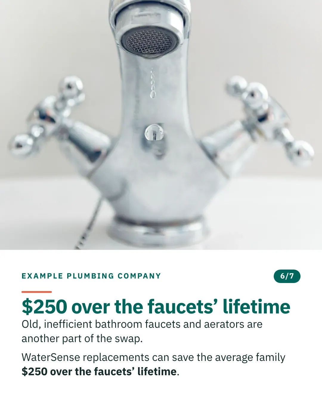 Slide 6 of 7. Card reading: Old, inefficient bathroom faucets and aerators are another part of the swap. WaterSense replacements can save the average family $250 over the faucets’ lifetime. Above the words, a photograph: A chrome twin-handle basin tap with a droplet hanging from the aerator. (CC0).