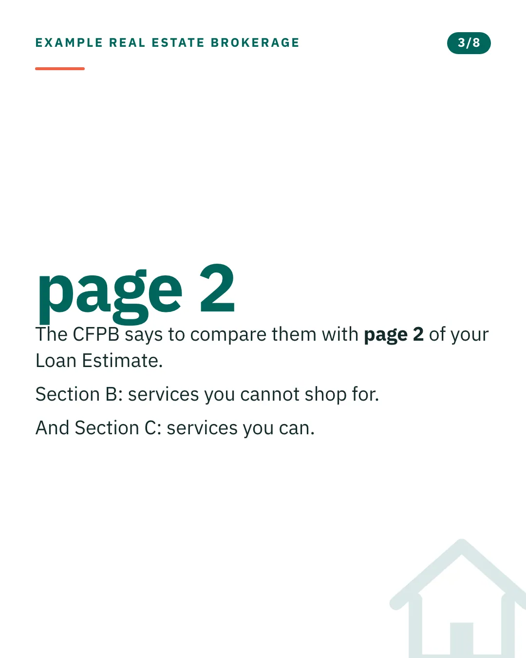 Slide 3 of 8. Card reading: The CFPB says to compare them with page 2 of your Loan Estimate. Section B: services you cannot shop for. And Section C: services you can. Typographic card, no photograph.