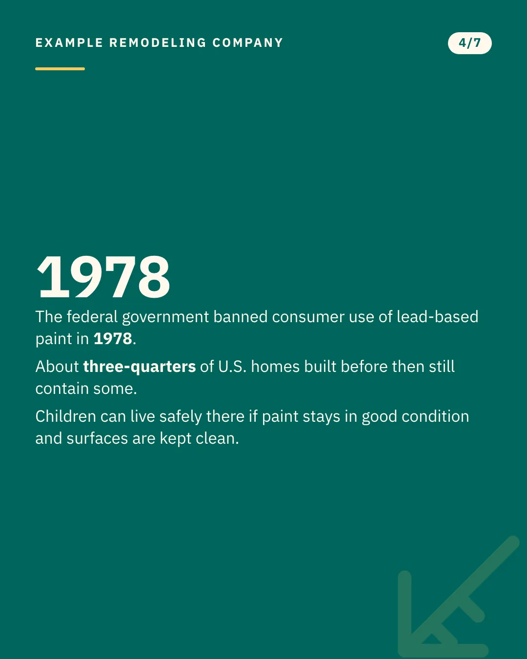 Slide 4 of 7. Card reading: The federal government banned consumer use of lead-based paint in 1978. About three-quarters of U.S. homes built before then still contain some. Children can live safely there if paint stays in good condition and surfaces are kept clean. Typographic card, no photograph.