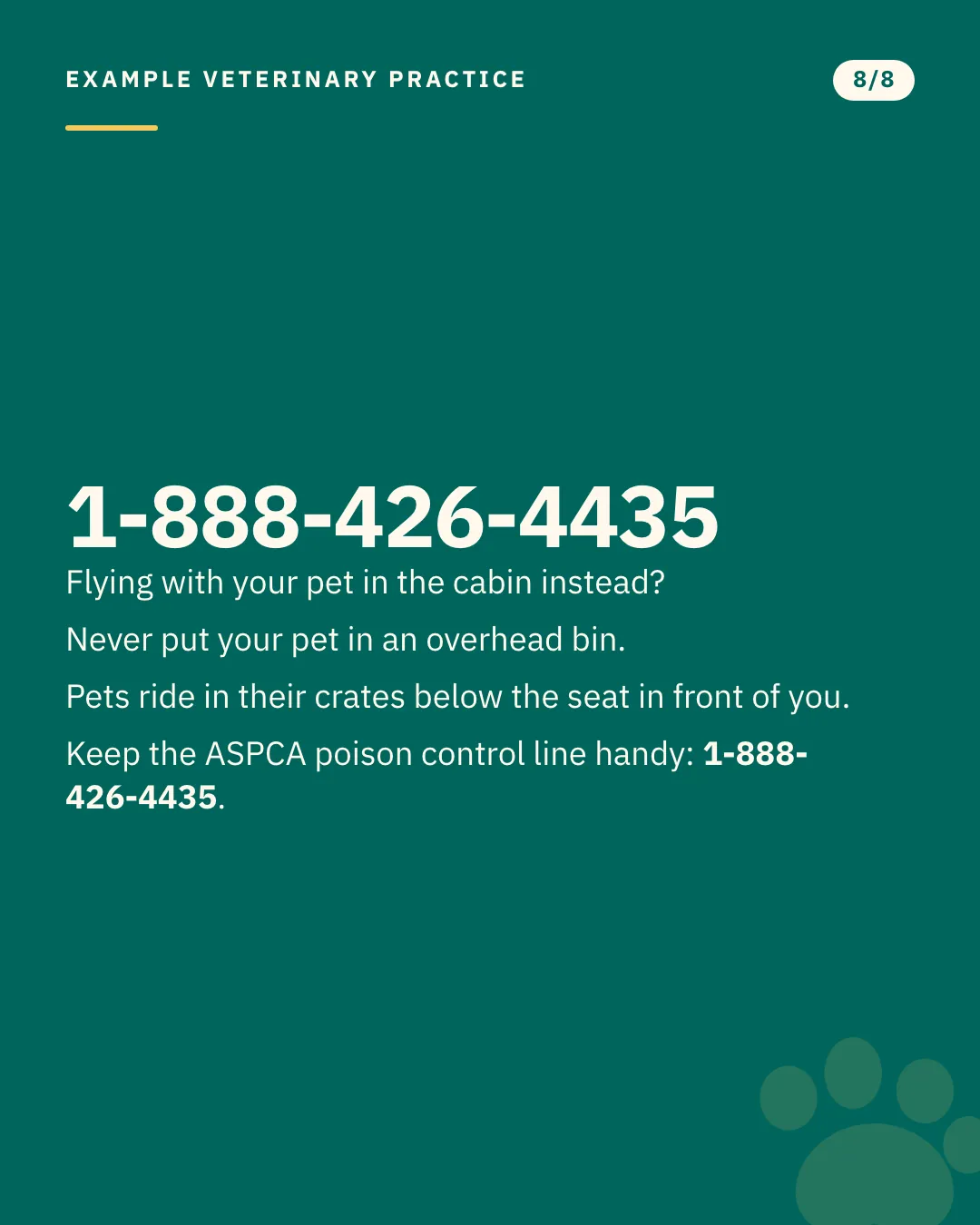 Slide 8 of 8. Card reading: Flying with your pet in the cabin instead? Never put your pet in an overhead bin. Pets ride in their crates below the seat in front of you. Keep the ASPCA poison control line handy: 1-888-426-4435. Typographic card, no photograph.